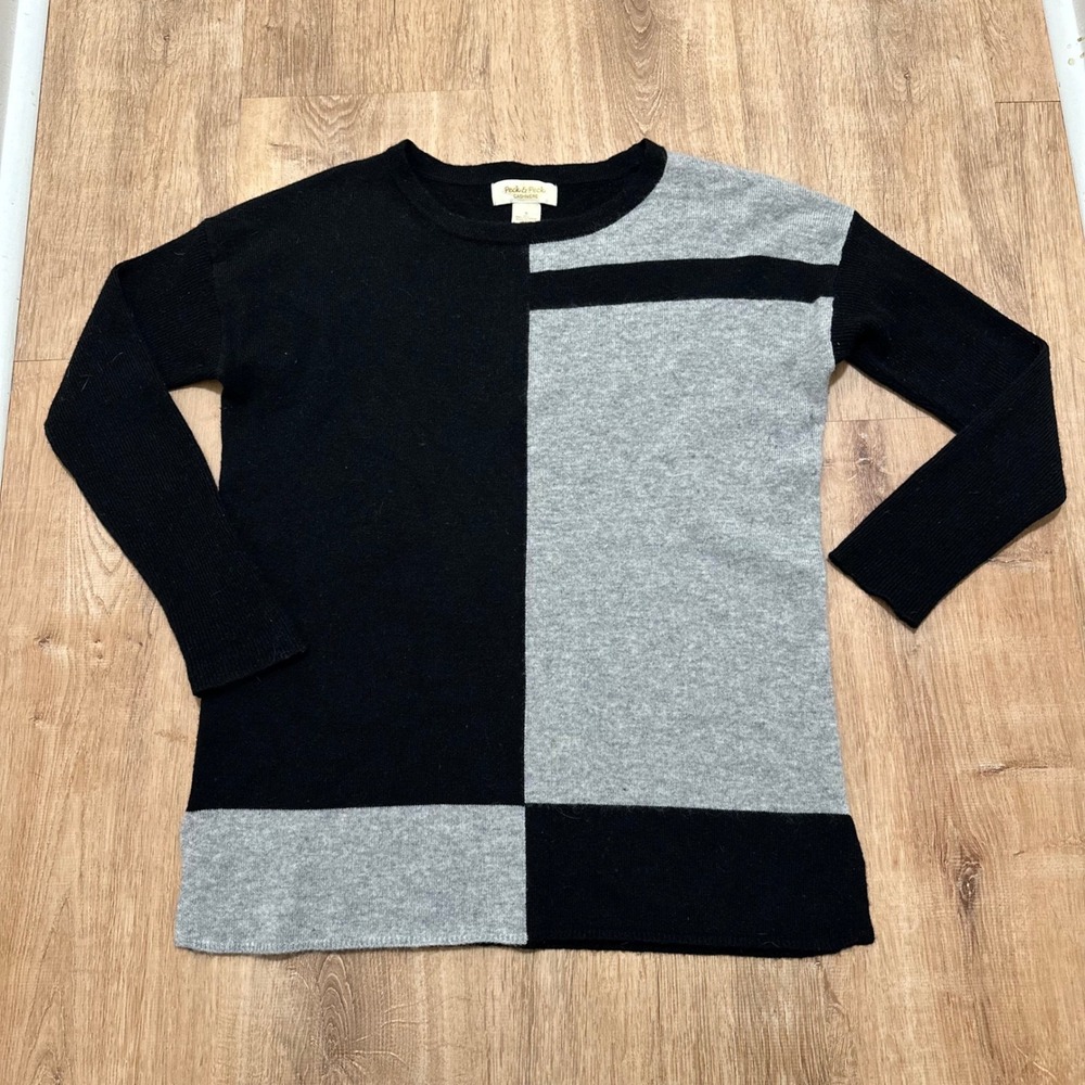 Peck & Peck | 100% 2 Ply Cashmere Black Gray Colorblock Long Sleeve Sweater, S